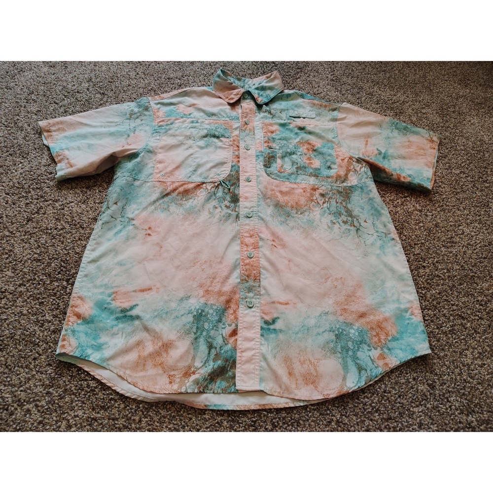 Reel Legends Saltwater II Mens Medium Fishing Shirt Teal Peach Marble Print M